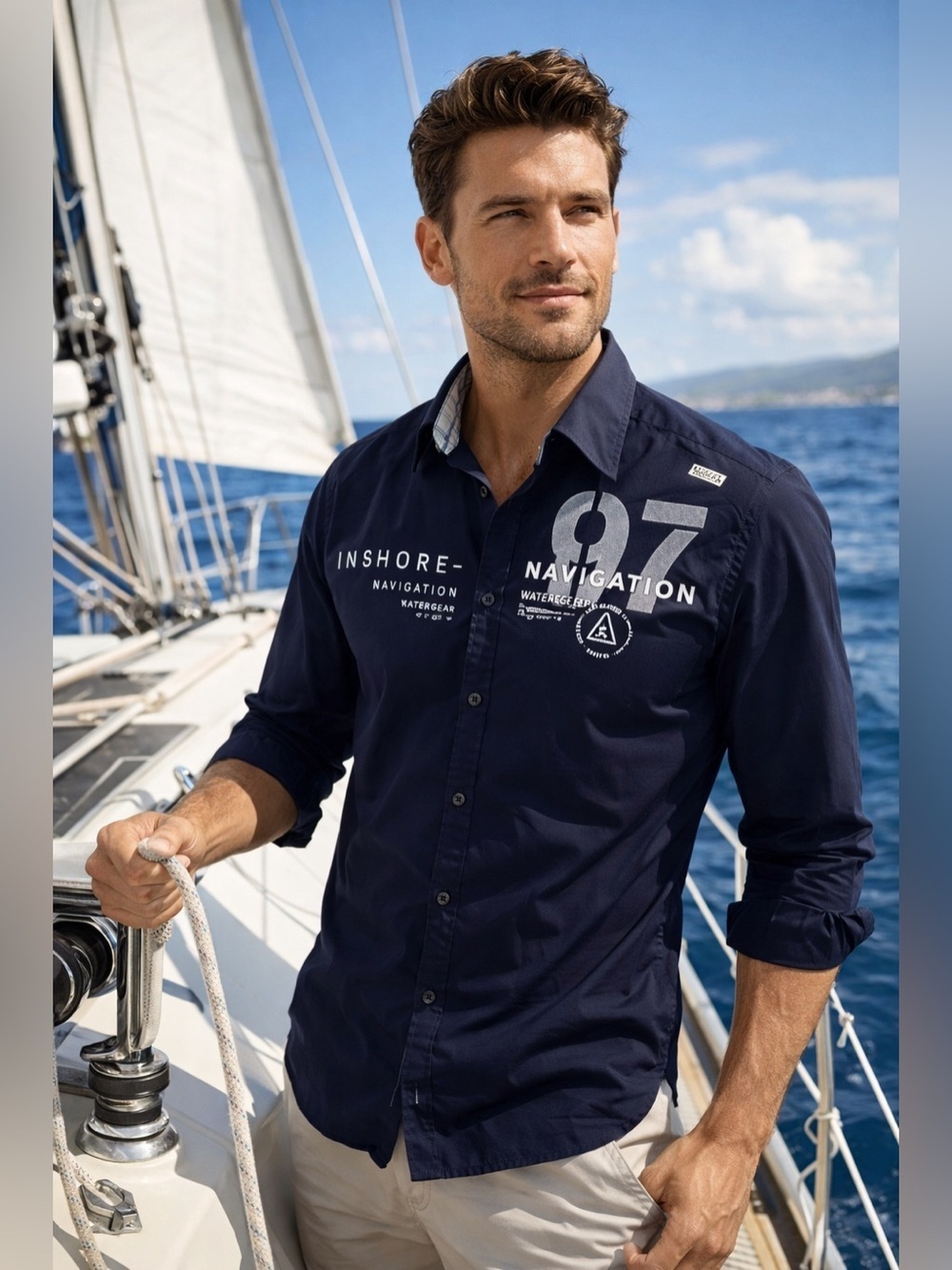 Gaastra Nautical Graphic Button Up Navy Navigation Supplies Sz L Sailing Maritim